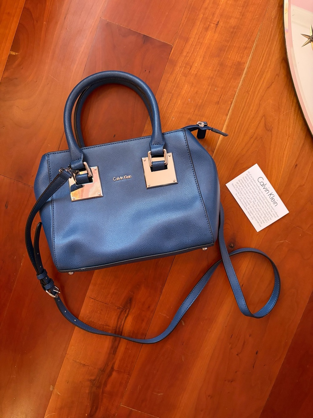 Calvin Klein Navy Pebbled Leather Satchel with Silver Hardware